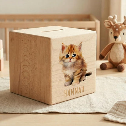 Katze Spardose für Kinder personalisiert Sparbox aus Holz Sparschwein mit Schlüssel Taufgeschenk für Jungen und Mädchen