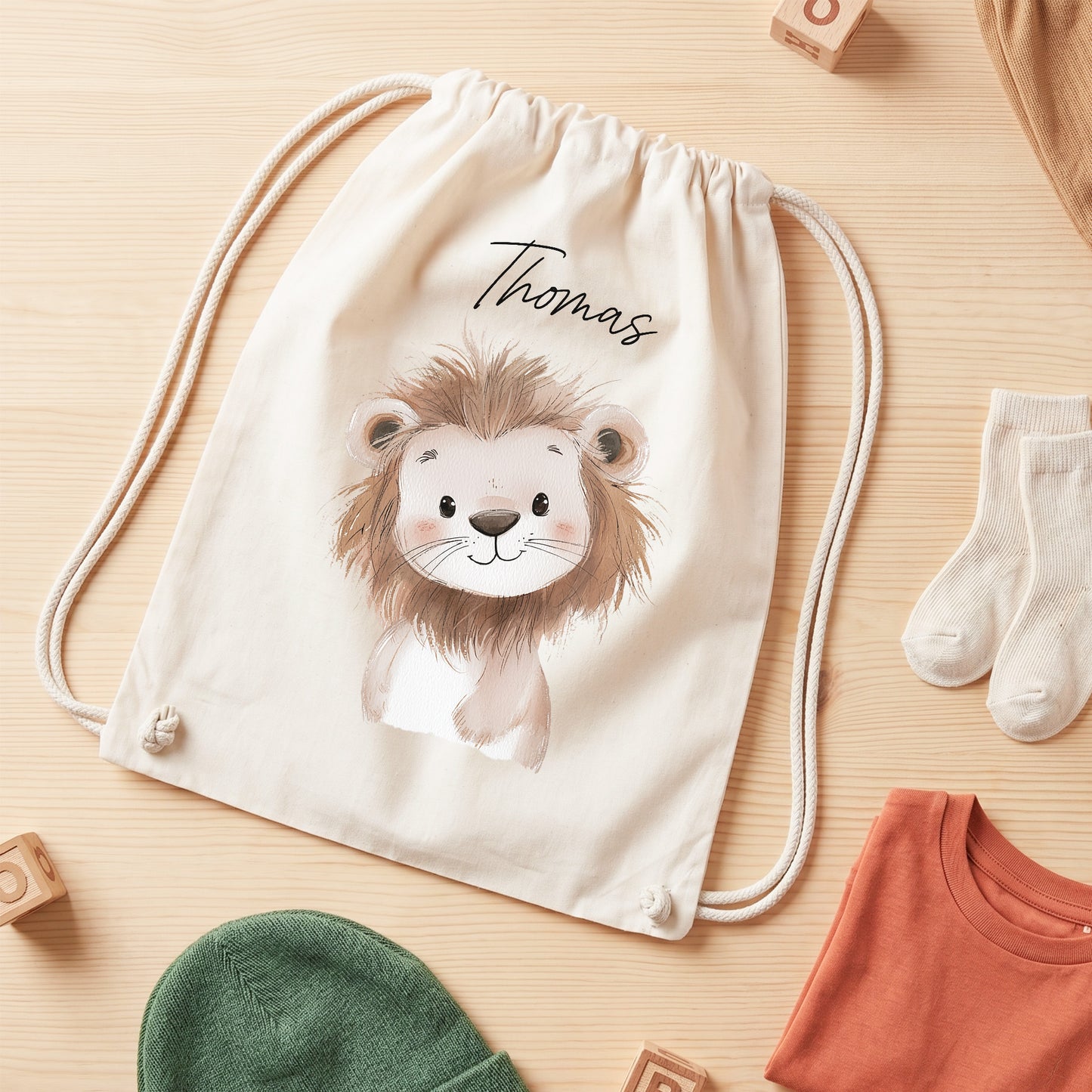 Löwe Turnbeutel für Kinder personalisierter Sportbeutel für den Kindergarten Stoffbeutel mit Kordelzug