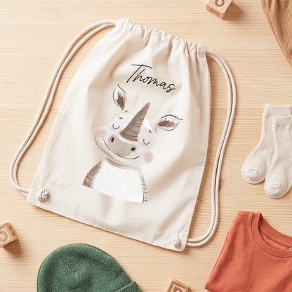 Nashorn Turnbeutel für Kinder personalisierter Sportbeutel für den Kindergarten Stoffbeutel mit Kordelzug