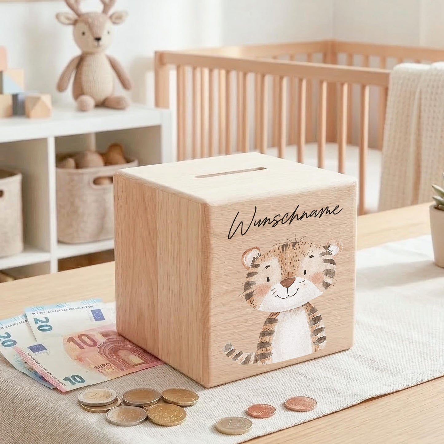 Spardose für Kinder Tiger personalisiert Safari Tiere Sparbox aus Holz Sparschwein mit Schlüssel Taufgeschenk für Jungen & Mädchen
