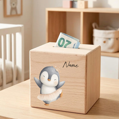 Spardose für Mädchen personalisierte Sparbox aus Holz mit Pinguin Geldgeschenk für Kinder