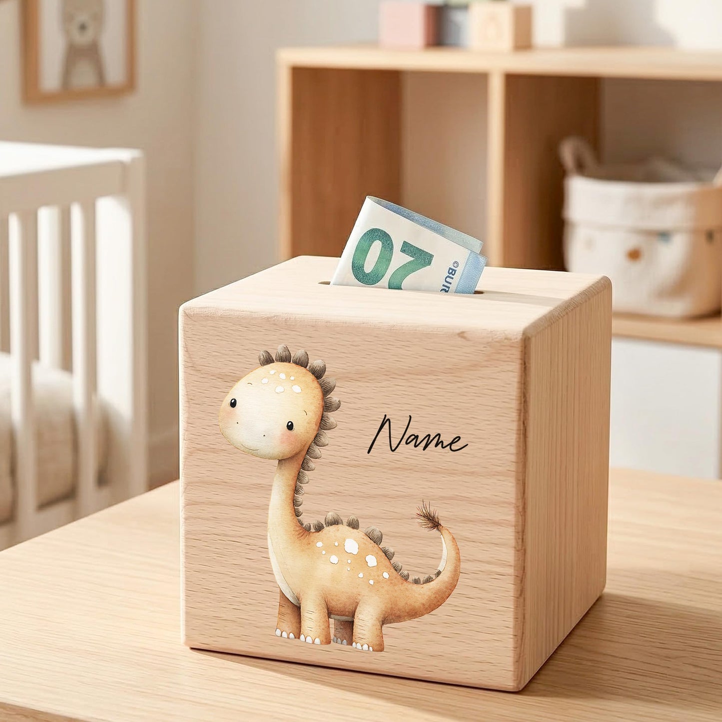 Spardose Dino für Jungen personalisierte Sparbox aus Holz Sparschwein für Kinder V1