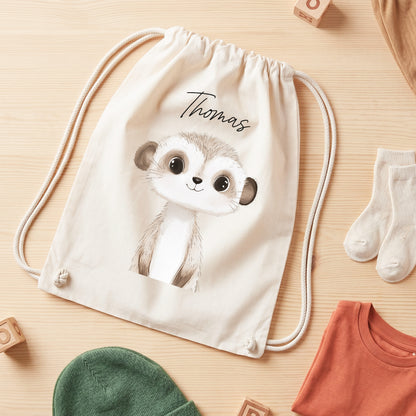 Erdmännchen Turnbeutel für Kinder personalisierter Sportbeutel für den Kindergarten Stoffbeutel mit Kordelzug