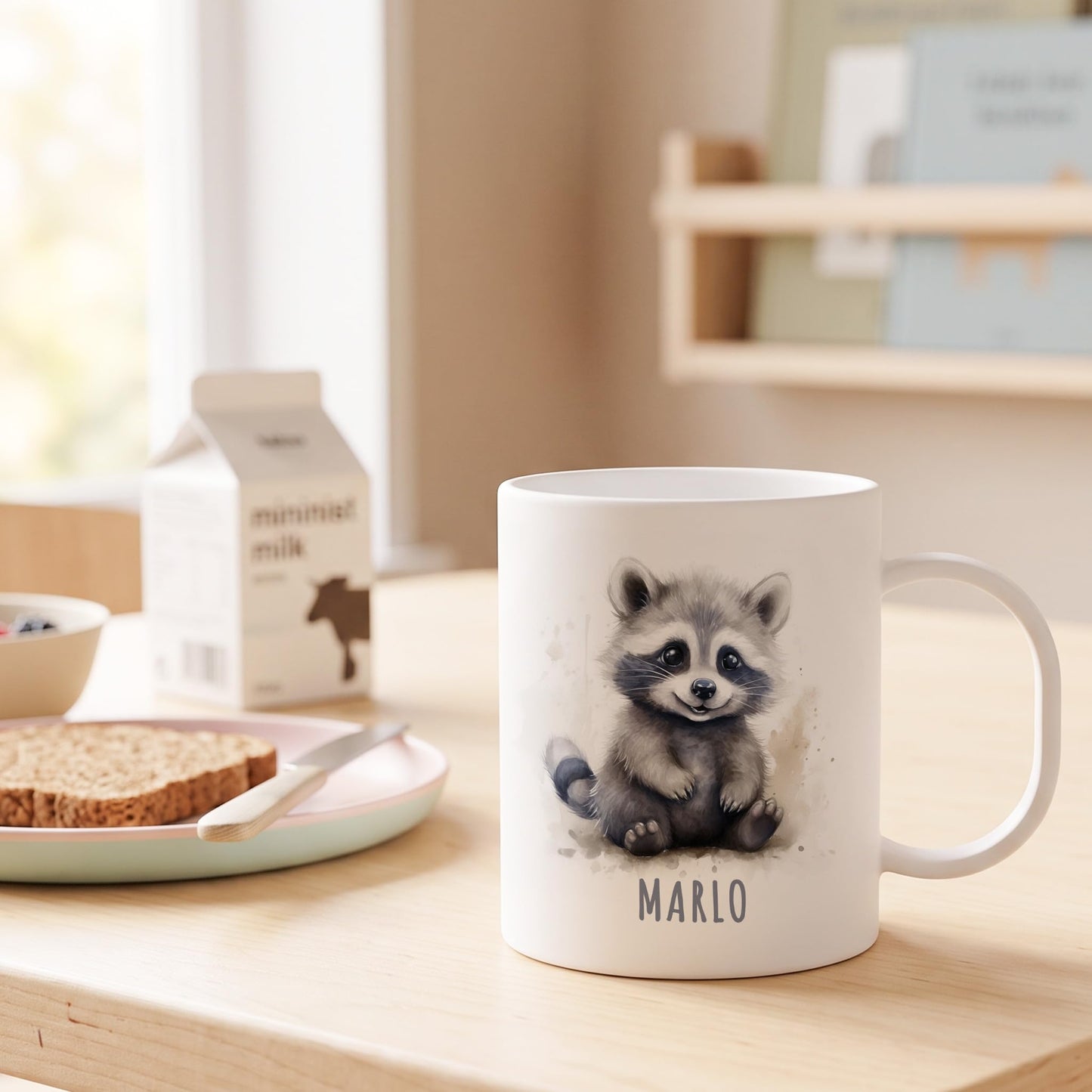 Bruchsichere Kindertasse leichte Kunststoff Tasse mit Henkel für Kindergarten, Waschbär