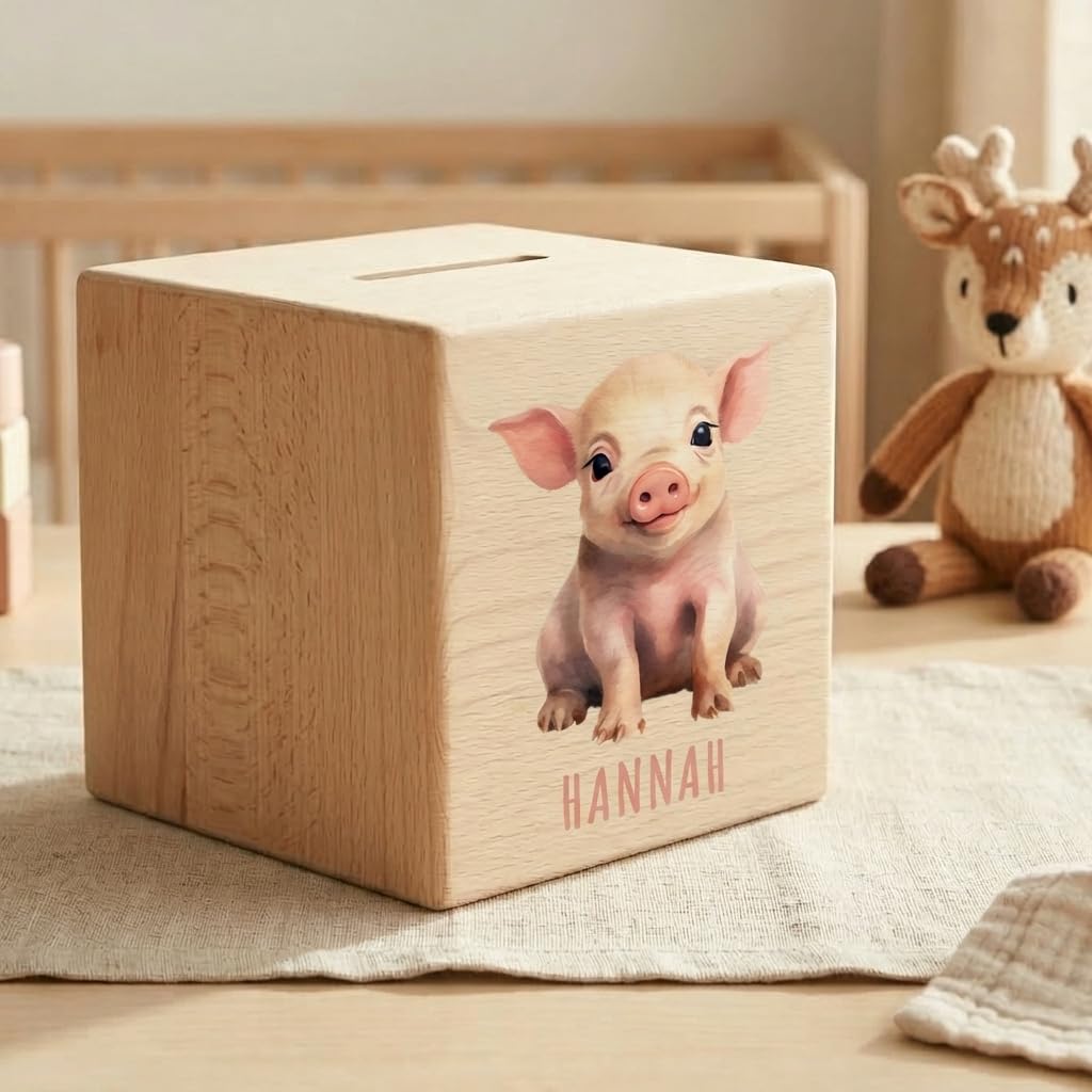 Schwein Spardose für Kinder personalisiert Sparbox aus Holz Sparschwein mit Schlüssel Taufgeschenk für Jungen und Mädchen