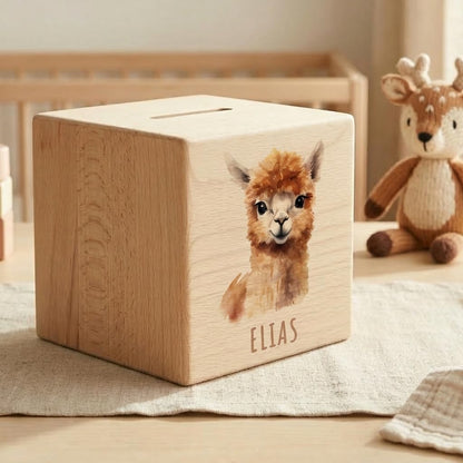 Alpaka Spardose für Kinder personalisiert Sparbox aus Holz Sparschwein mit Schlüssel Taufgeschenk für Jungen und Mädchen