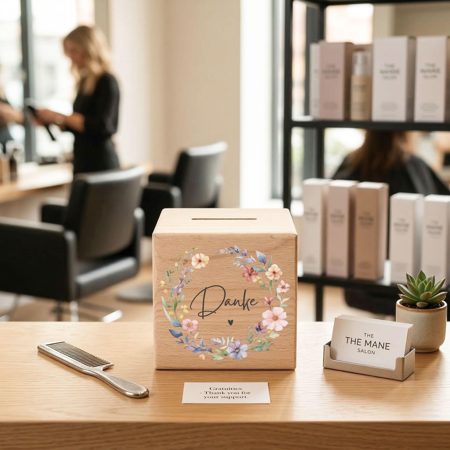 Danke Trinkgeldkasse mit Wildblumen Spardose aus Holz als Kaffeekasse