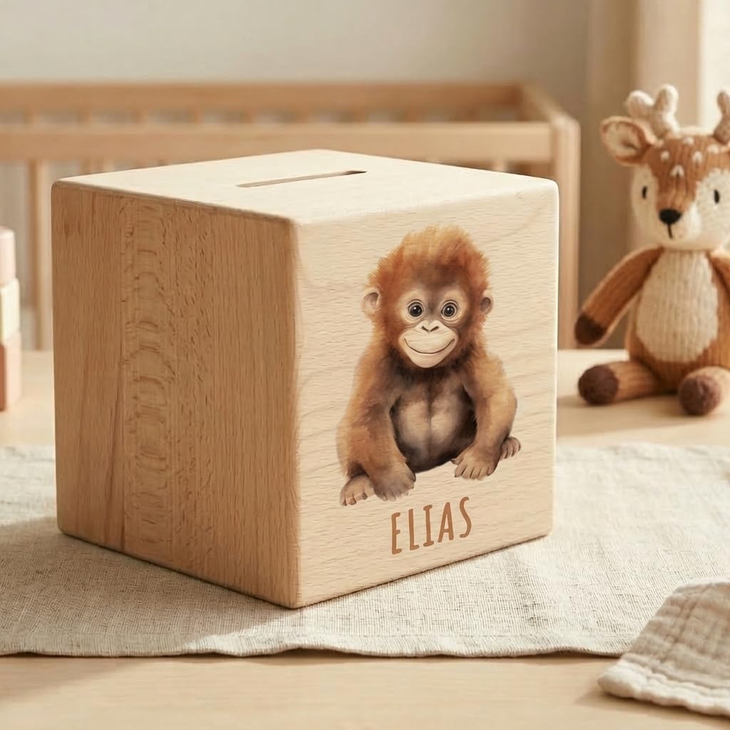 Affe Spardose für Kinder personalisiert Sparbox aus Holz Sparschwein mit Schlüssel Taufgeschenk für Jungen und Mädchen