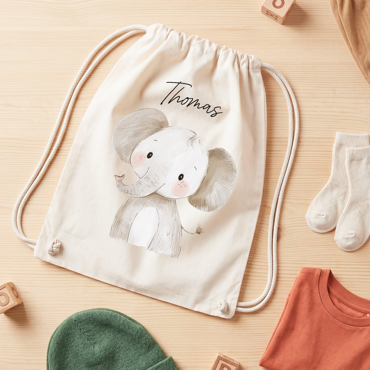 Elefant Turnbeutel für Kinder personalisierter Sportbeutel für den Kindergarten Stoffbeutel mit Kordelzug