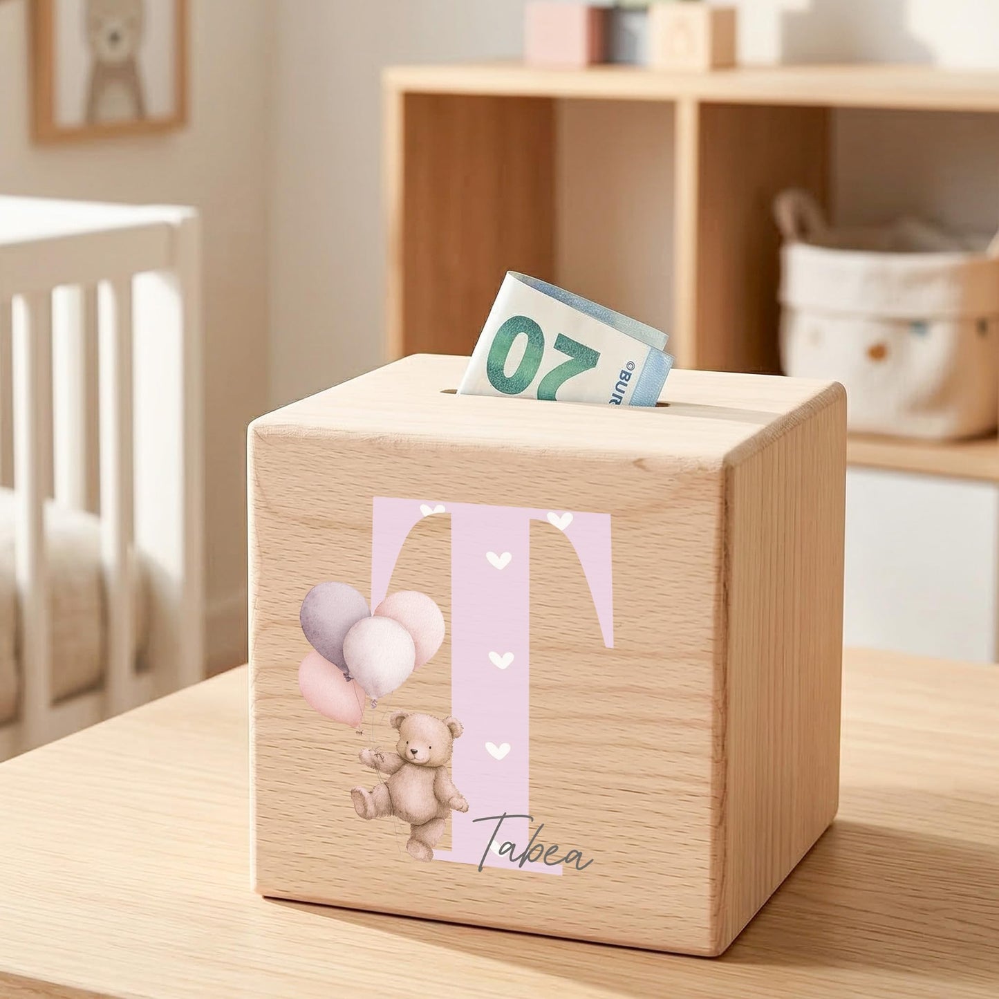 Buchstaben Spardose für Mädchen personalisierte Sparbox aus Holz als Geldgeschenk