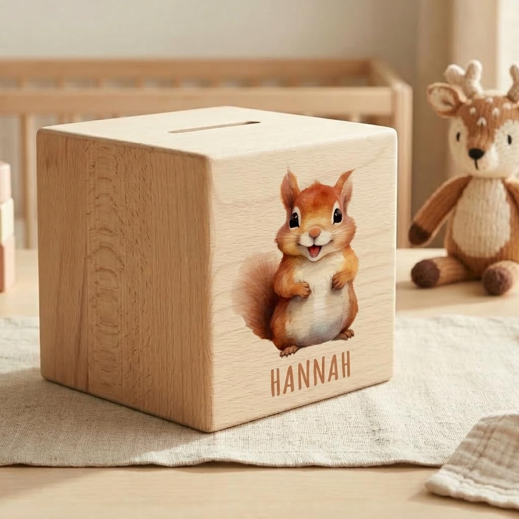 Eichhörnchen Spardose für Kinder personalisiert Sparbox aus Holz Sparschwein mit Schlüssel Taufgeschenk für Jungen und Mädchen