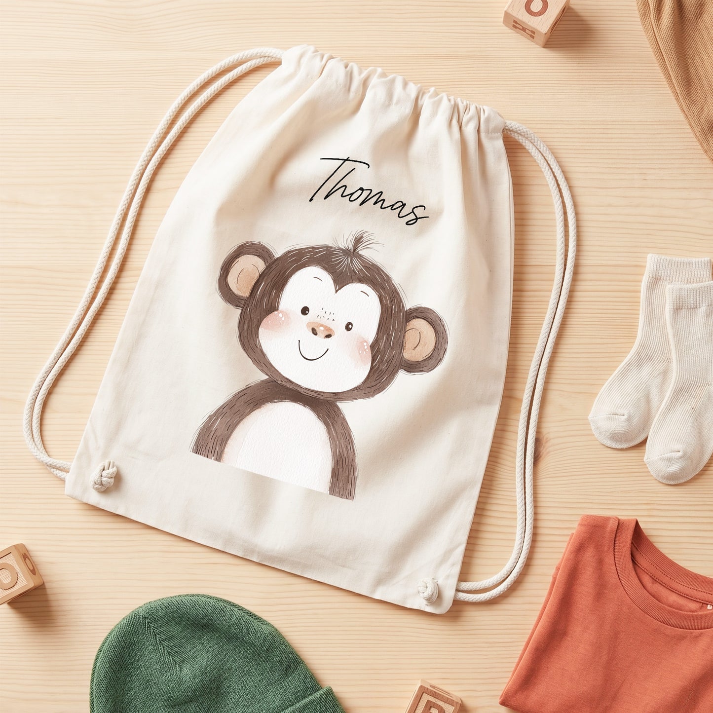 Affe Turnbeutel für Kinder personalisierter Sportbeutel für den Kindergarten Stoffbeutel mit Kordelzug