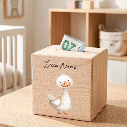 Gans Spardose für Kinder aus Holz personalisierte Sparbox Holzspardose mit Schlüssel als Geldgeschenk
