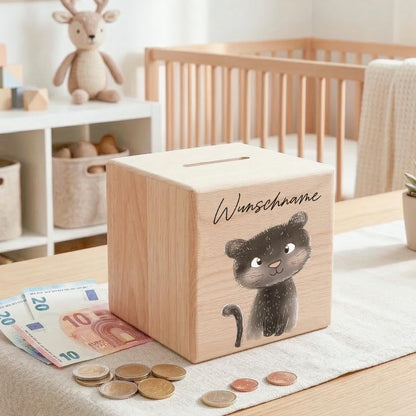 Spardose für Kinder Panter personalisiert Safari Tiere Sparbox aus Holz Sparschwein mit Schlüssel Taufgeschenk für Jungen & Mädchen