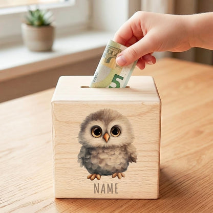 Eule Spardose für Kinder personalisiert Sparbox aus Holz Sparschwein mit Schlüssel Taufgeschenk für Jungen und Mädchen