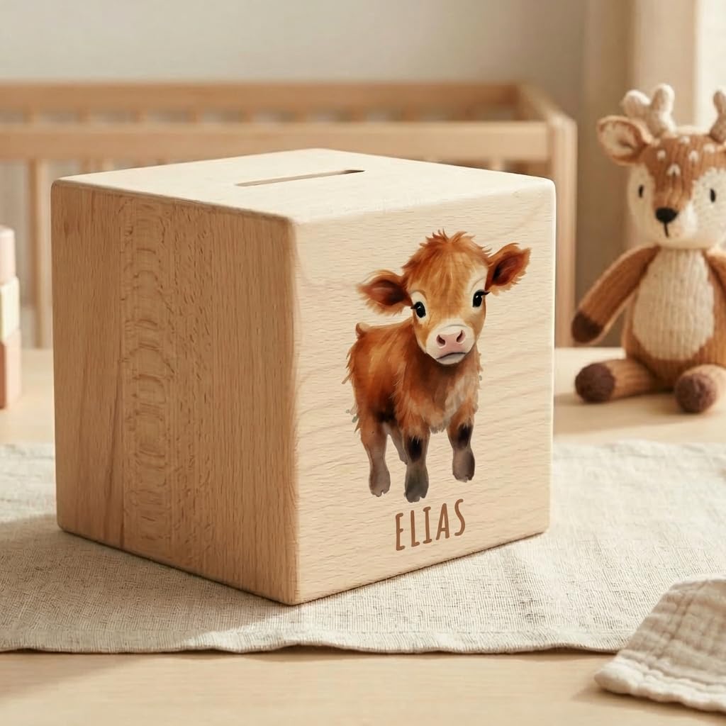 Kuh Spardose für Kinder personalisiert Sparbox aus Holz Sparschwein mit Schlüssel Taufgeschenk für Jungen und Mädchen