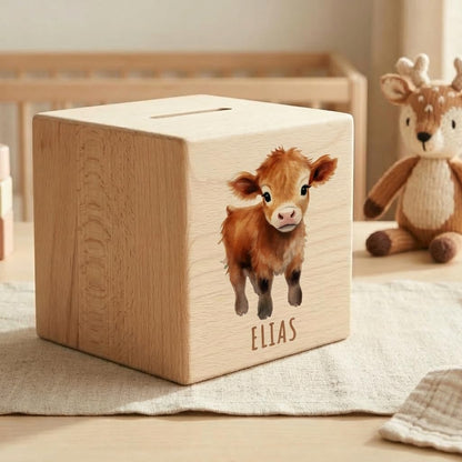 Kuh Spardose für Kinder personalisiert Sparbox aus Holz Sparschwein mit Schlüssel Taufgeschenk für Jungen und Mädchen