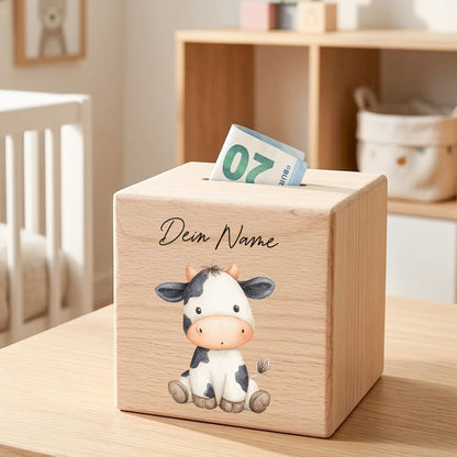 Kuh Spardose für Kinder aus Holz personalisierte Sparbox Holzspardose mit Schlüssel als Geldgeschenk