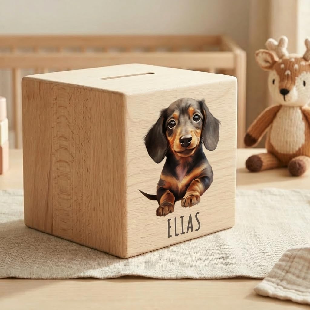 Tier Spardose für Kinder personalisiert Sparbox aus Holz Sparschwein mit Schlüssel Taufgeschenk für Jungen und Mädchen (Dackel)