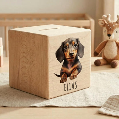 Tier Spardose für Kinder personalisiert Sparbox aus Holz Sparschwein mit Schlüssel Taufgeschenk für Jungen und Mädchen (Dackel)