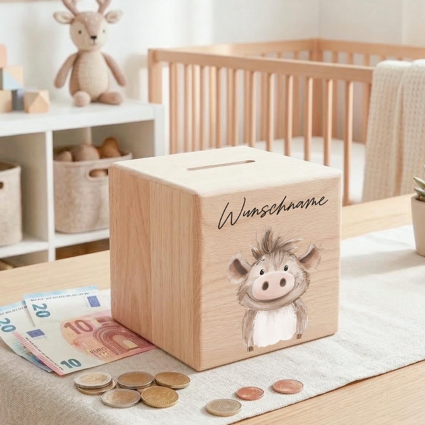 Spardose für Kinder Warzenschwein personalisiert Safari Tiere Sparbox aus Holz Sparschwein mit Schlüssel Taufgeschenk für Jungen & Mädchen