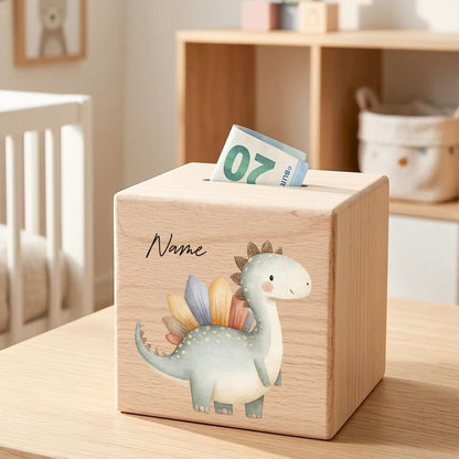 Spardose Dino für Jungen personalisierte Sparbox aus Holz Sparschwein für Kinder V5