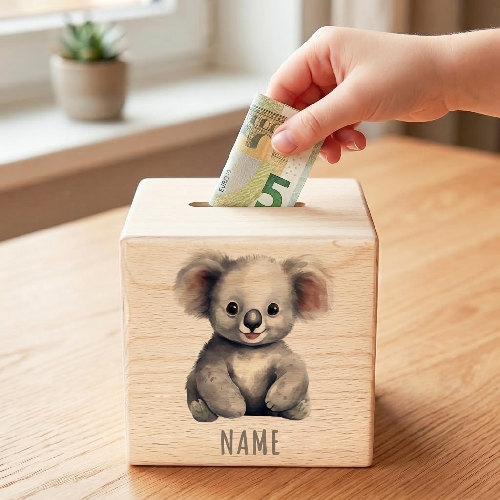 Koala Spardose für Kinder personalisiert Sparbox aus Holz Sparschwein mit Schlüssel Taufgeschenk für Jungen und Mädchen