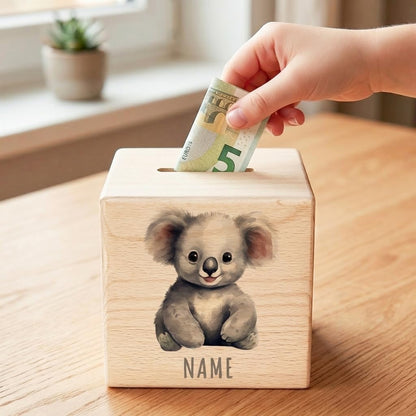 Koala Spardose für Kinder personalisiert Sparbox aus Holz Sparschwein mit Schlüssel Taufgeschenk für Jungen und Mädchen