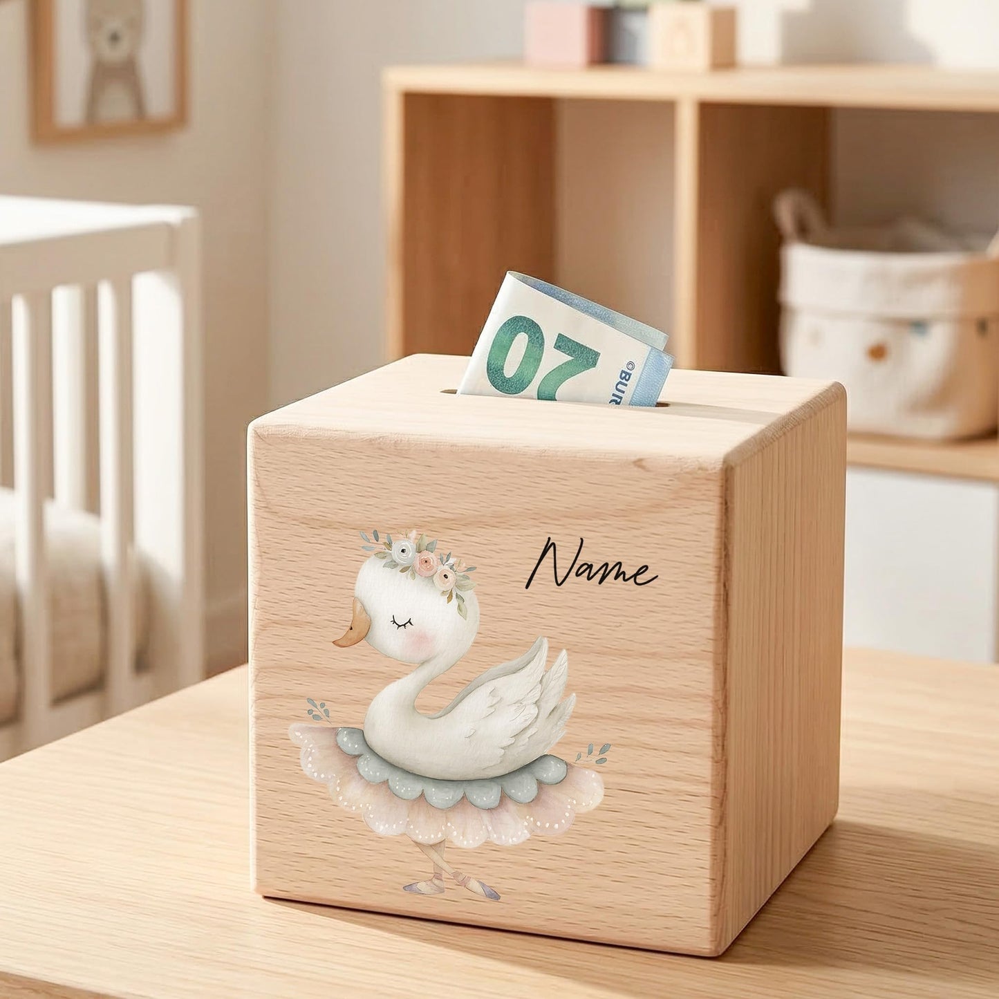 Spardose für Mädchen personalisierte Sparbox aus Holz mit Gans Geldgeschenk für Kinder