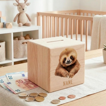 Faultier Spardose für Kinder personalisiert Sparbox aus Holz Sparschwein mit Schlüssel Taufgeschenk für Jungen und Mädchen
