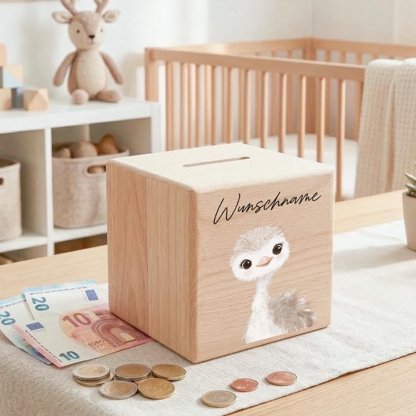 Spardose für Kinder Strauß personalisiert Safari Tiere Sparbox aus Holz Sparschwein mit Schlüssel Taufgeschenk für Jungen & Mädchen