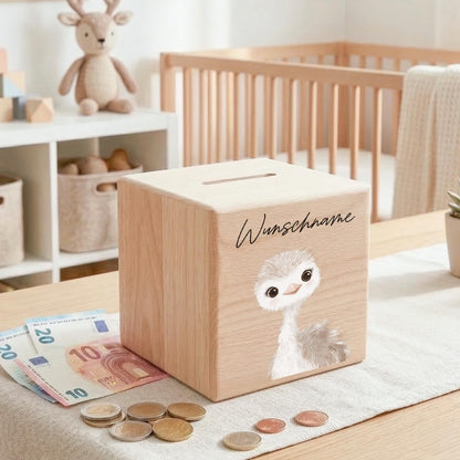 Spardose für Kinder Strauß personalisiert Safari Tiere Sparbox aus Holz Sparschwein mit Schlüssel Taufgeschenk für Jungen & Mädchen