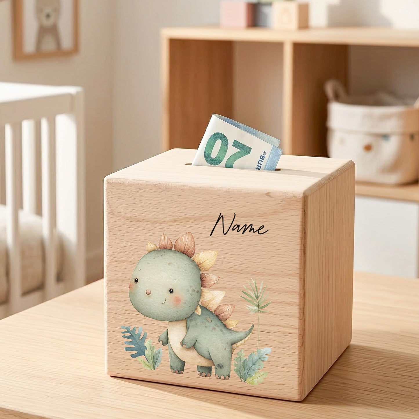 Spardose Dino für Jungen personalisierte Sparbox aus Holz Sparschwein für Kinder V4