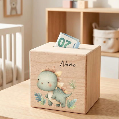 Spardose Dino für Jungen personalisierte Sparbox aus Holz Sparschwein für Kinder V4