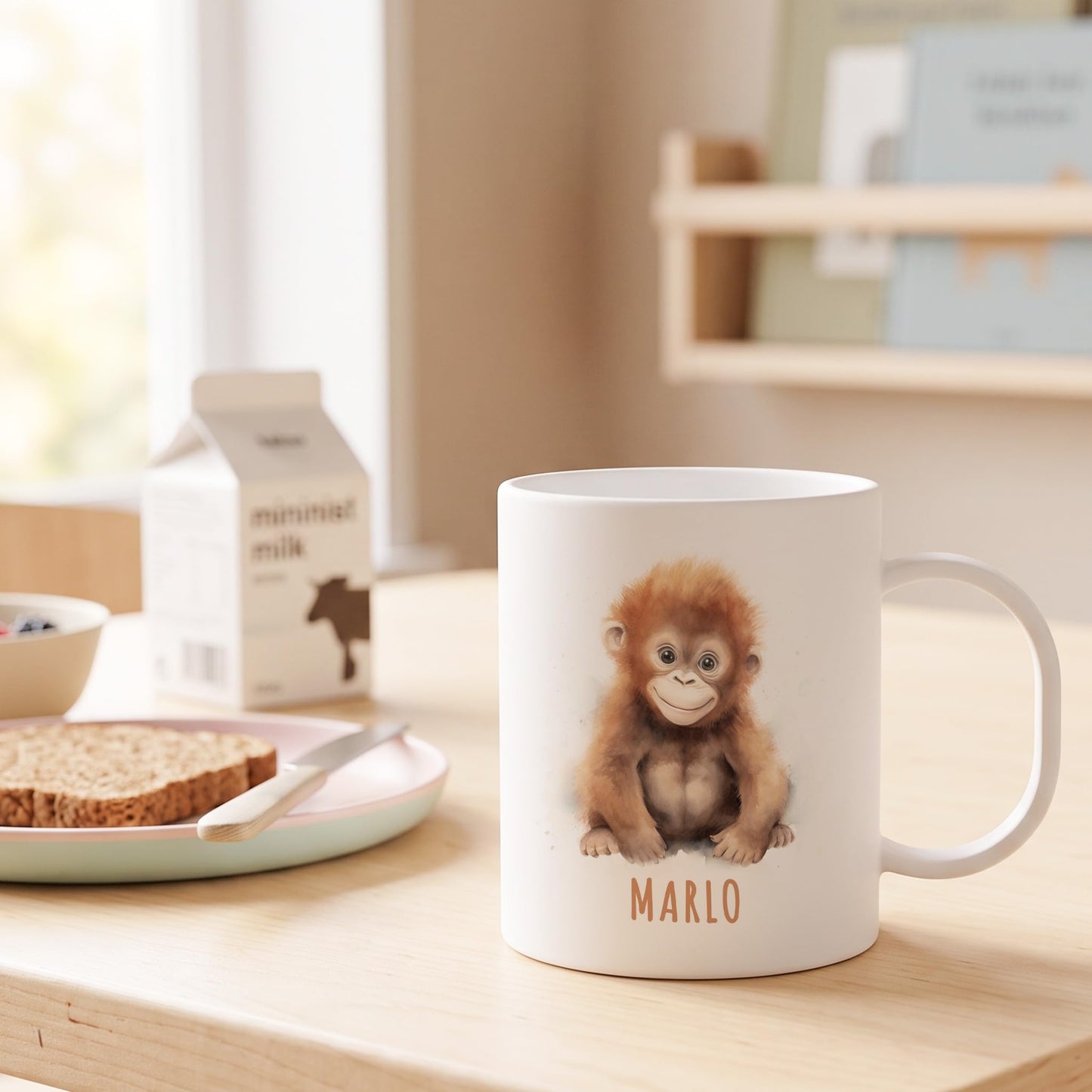 Bruchsichere Kindertasse leichte Kunststoff Tasse mit Henkel für Kindergarten, Affe