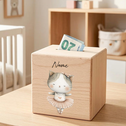 Spardose für Mädchen personalisierte Sparbox aus Holz mit Katze Geldgeschenk für Kinder