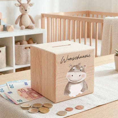 Spardose für Kinder Nilpferd personalisiert Safari Tiere Sparbox aus Holz Sparschwein mit Schlüssel Taufgeschenk für Jungen & Mädchen