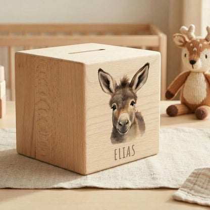 Esel Spardose für Kinder personalisiert Sparbox aus Holz Sparschwein mit Schlüssel Taufgeschenk für Jungen und Mädchen