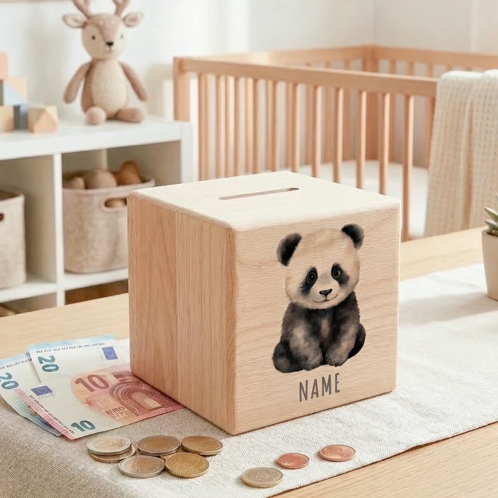 Panda Spardose für Kinder personalisiert Sparbox aus Holz Sparschwein mit Schlüssel Taufgeschenk für Jungen und Mädchen