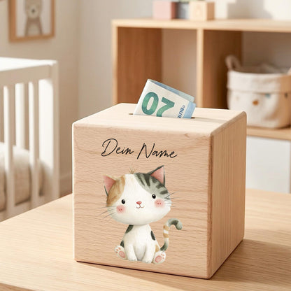 Katze Spardose für Kinder aus Holz personalisierte Sparbox Holzspardose mit Schlüssel als Geldgeschenk