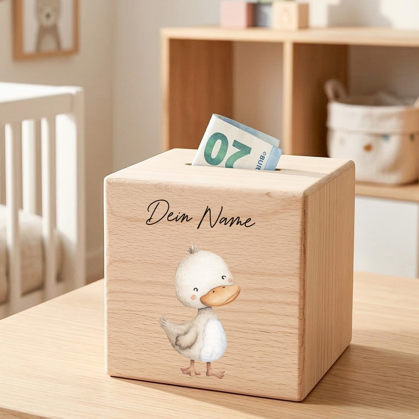 Ente Spardose für Kinder aus Holz personalisierte Sparbox Holzspardose mit Schlüssel als Geldgeschenk