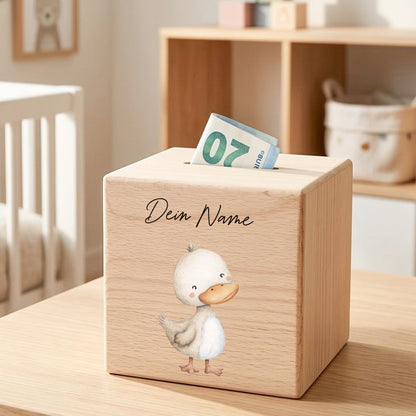 Ente Spardose für Kinder aus Holz personalisierte Sparbox Holzspardose mit Schlüssel als Geldgeschenk
