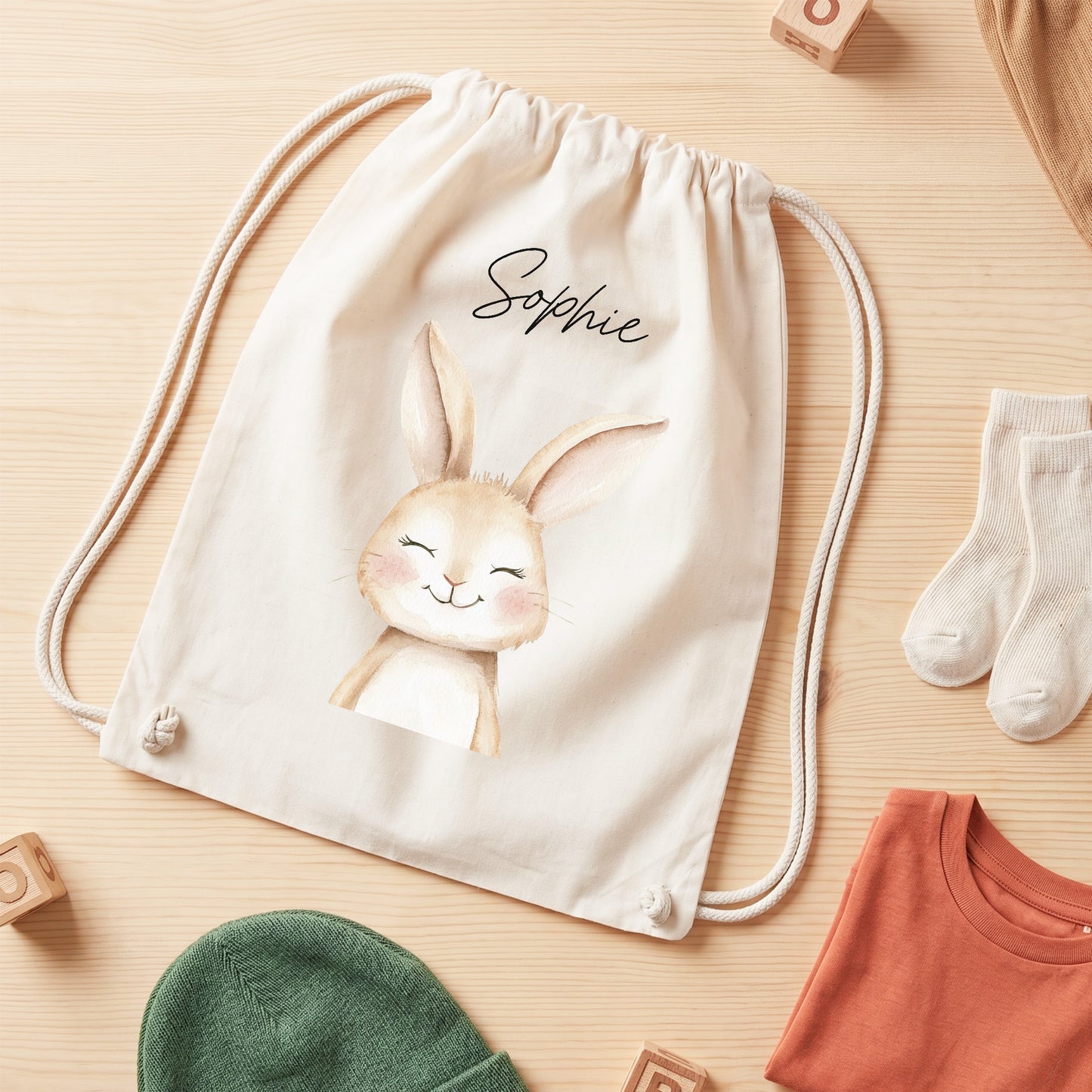 Hase Turnbeutel Kinder personalisierter Sportbeutel für Kindergarten & Kita Stoffbeutel mit Kordelzug