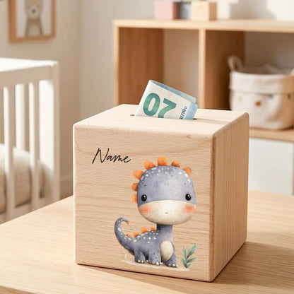Spardose Dino für Jungen personalisierte Sparbox aus Holz Sparschwein für Kinder V7