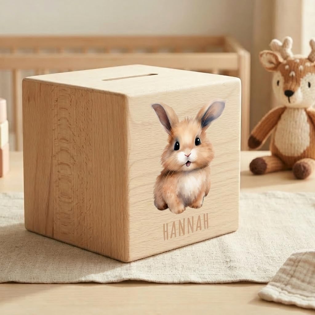 Hase Spardose für Kinder personalisiert Sparbox aus Holz Sparschwein mit Schlüssel Taufgeschenk für Jungen und Mädchen