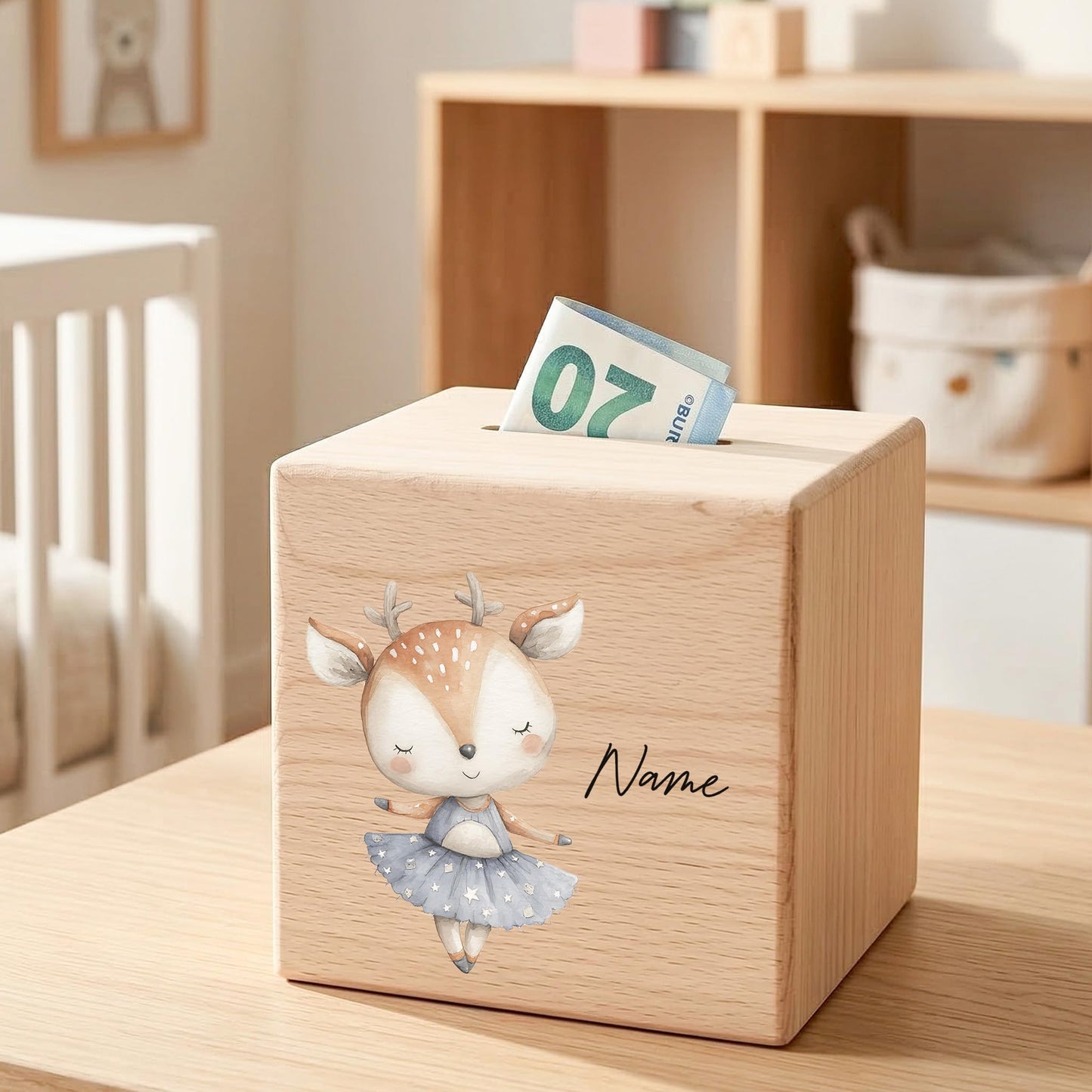 Spardose für Mädchen personalisierte Sparbox aus Holz mit REH Geldgeschenk für Kinder