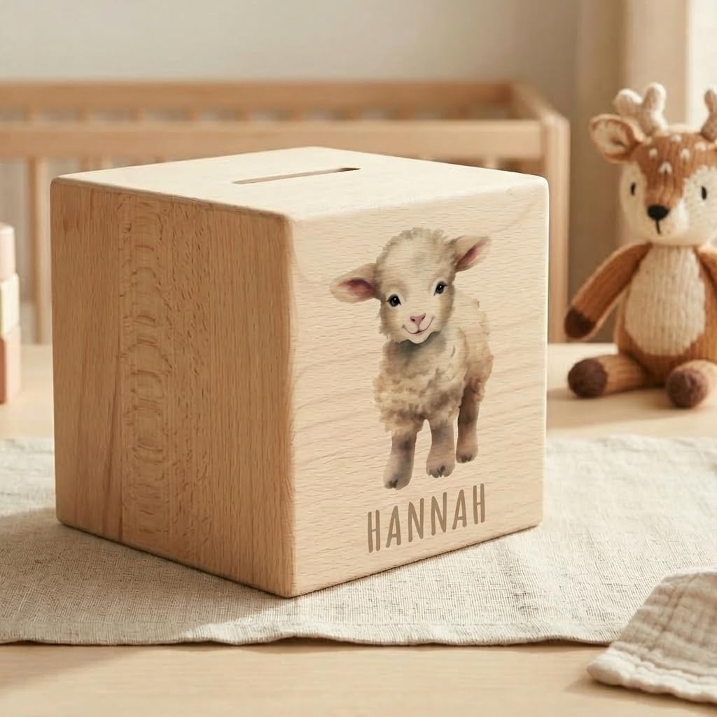 Schaf Spardose für Kinder personalisiert Sparbox aus Holz Sparschwein mit Schlüssel Taufgeschenk für Jungen und Mädchen