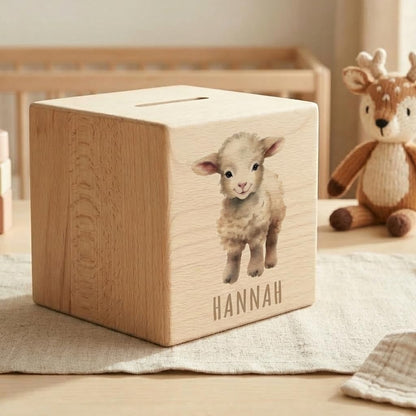 Schaf Spardose für Kinder personalisiert Sparbox aus Holz Sparschwein mit Schlüssel Taufgeschenk für Jungen und Mädchen