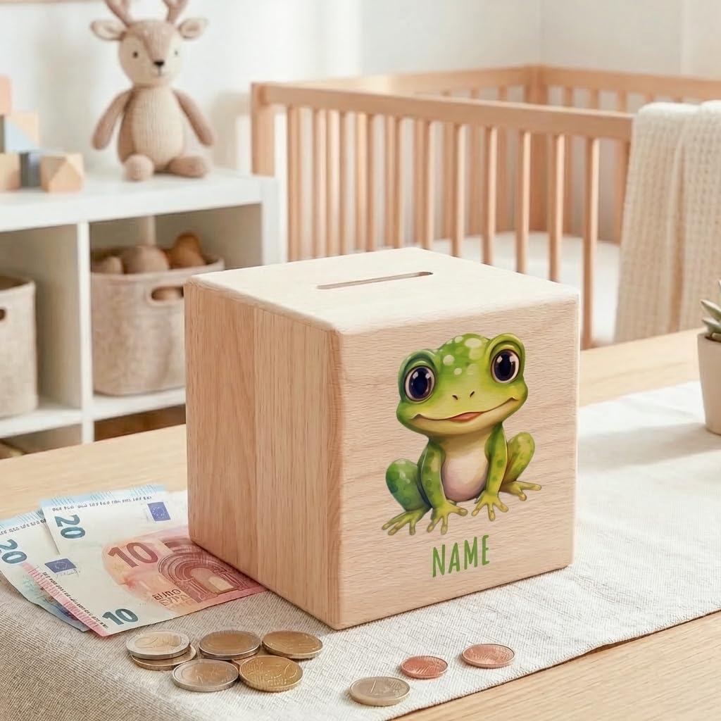 Frosch Spardose für Kinder personalisiert Sparbox aus Holz Sparschwein mit Schlüssel Taufgeschenk für Jungen und Mädchen