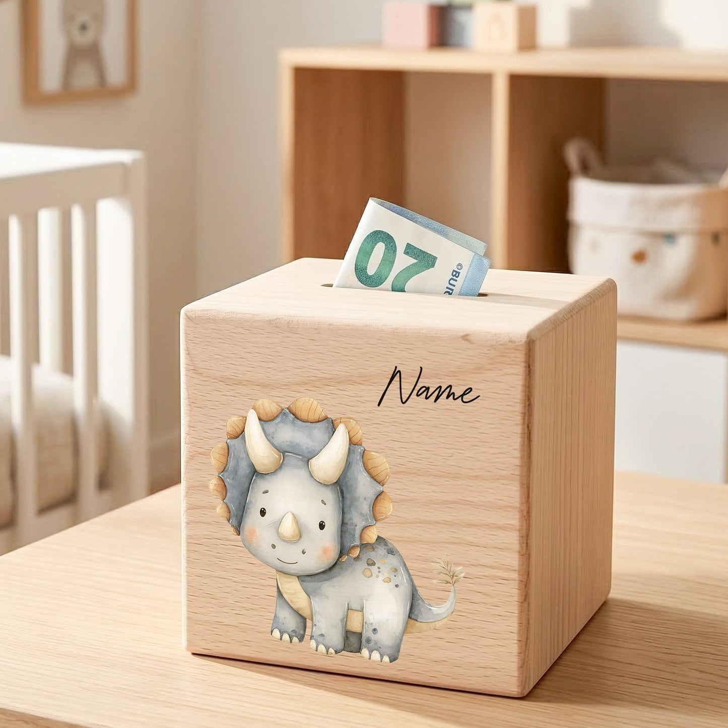 Spardose Dino für Jungen personalisierte Sparbox aus Holz Sparschwein für Kinder V8